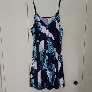 Navy Tropical Print Button-Front Slip Dress